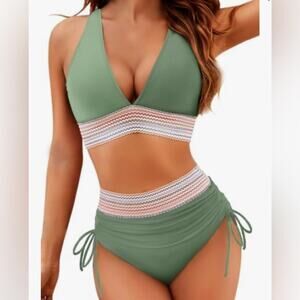 Blooming Jelly NWT High Waisted Bikini Set Tummy Control Sage Green Size Large